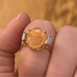 14k GOLD & OPAL Cabochon & Diamond Baguette Three-Stone Ring